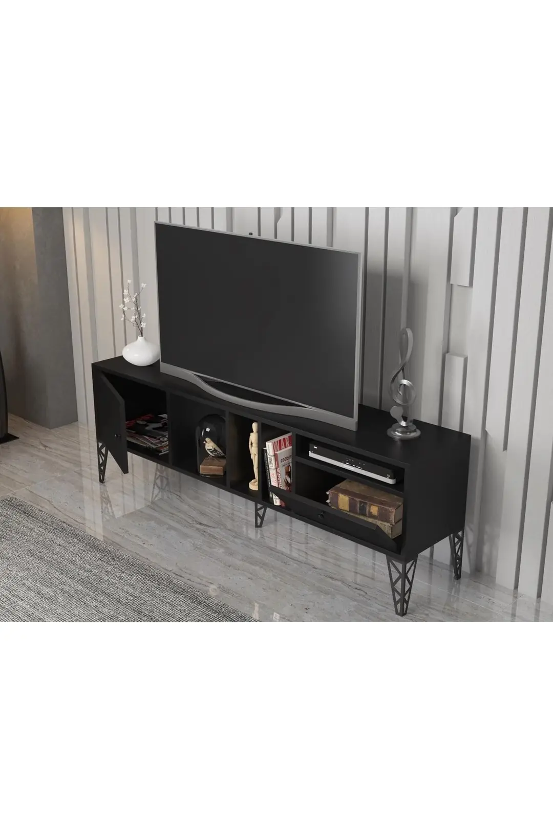Cercei 160 Cm Metal Ayaklı Tv Ünitesi - Siyah / Siyah
